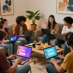 Engaging scene of friends enjoying nsfw ai chat on modern devices in a cozy living space.