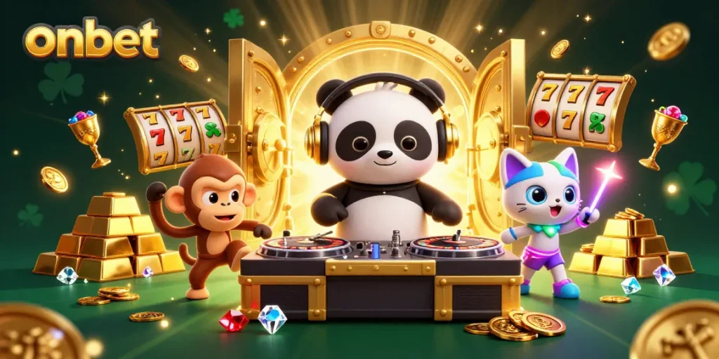 Experience the thrill of onbet with lively characters and dazzling casino elements in a vibrant scene.
