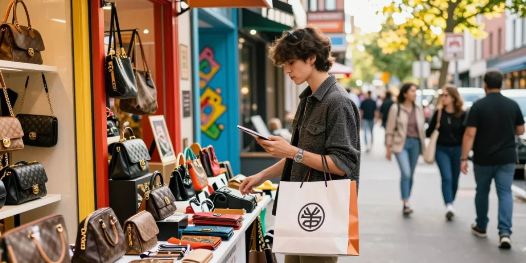 Shopping at a stylish 레플리카 쇼핑몰 with fashionable accessories and bags in an urban setting.