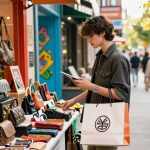 Shopping at a stylish 레플리카 쇼핑몰 with fashionable accessories and bags in an urban setting.