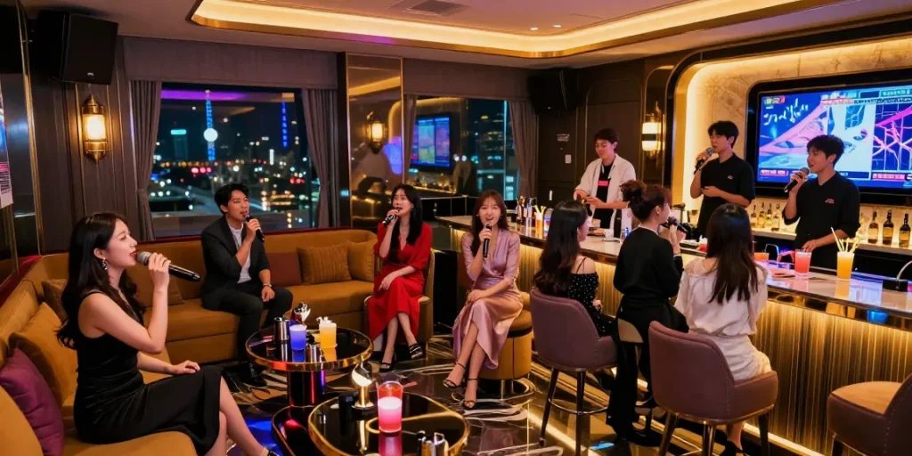 Engaged guests enjoying the vibrant atmosphere at www.3no.org's unique karaoke lounge in Incheon, featuring luxury decor and colorful lighting.