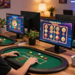 Engaged player using 92slot com for live poker and slot games on a multi-screen setup.
