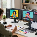 Designer editing images with nano banana technology in a vibrant creative workspace.