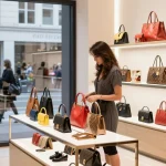 Shopper examining high-quality 레플리카 luxury handbags in a chic urban store