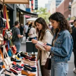 A young woman exploring high-quality 레플리카 사이트 accessories at an urban outdoor market stall, showcasing vibrant street fashion.