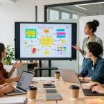 Dynamic collaboration among creative teams using mixboard ai on digital canvas in modern office.