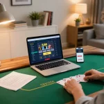 Player enjoying a poker game on BJ88 platform, surrounded by strategy notes and a smartphone.