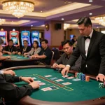 Players engaging at blackjack tables in an upscale casino atmosphere at nhà cái fly88, showcasing strategic gameplay.