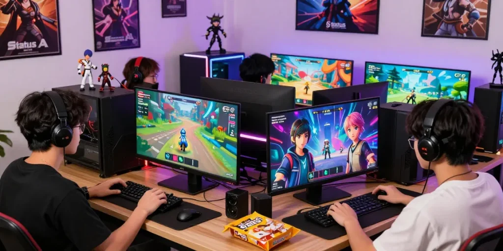 Users playing the status game, creating avatars and interacting with AI characters in a vibrant gaming environment.