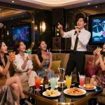 A lively Gangnam karaoke room with friends enjoying drinks and singing along with a manager, showcasing the vibrant nightlife atmosphere.