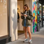 Stylish model browsing https://shs-dome5.com/ fashion trends outside a boutique in vibrant urban setting.