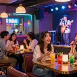 Vibrant 제주유흥 scene with friends enjoying karaoke and colorful drinks at a lively bar.