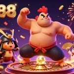 Engage with slot88 as a sumo wrestler rooster triumphs amid dynamic casino elements.