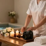 Massage therapy room with calming ambiance, oils, candles, and soft lighting for relaxation.