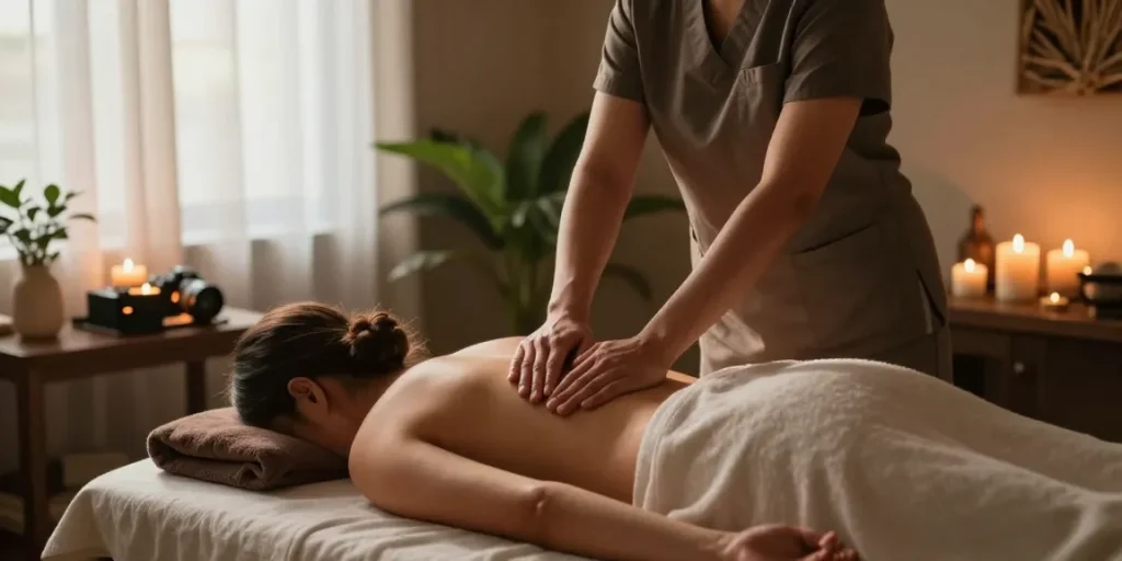 Relaxing Swedish massage scene in a tranquil spa setting with ambient lighting and soothing elements.