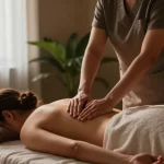 Relaxing Swedish massage scene in a tranquil spa setting with ambient lighting and soothing elements.
