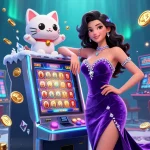 Engage with 1v1 chat in a vibrant 3D casino scene featuring jackpots and charming characters.