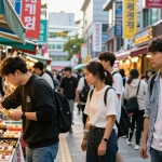 Diverse friends exploring vibrant street market in Seoul, engaging with stalls and local crafts at https://forumup.org/shop/search.php?ca_id=&addr1=&addr2=&addr3=&schKeyword=.