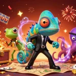MPO500 showcases an adventurous scene with a chameleon, gecko, and octopus celebrating casino wins amidst colorful treasures.