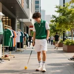 Golf wear replica fashion showcased in vibrant urban shopping scene, emphasizing stylish outfits and trendy accessories.