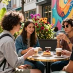 Urban lifestyle scene at a café with friends enjoying coffee and pastries, reflecting casual fashion and vibrant city life - https://forumup.org/shop/search.php?ca_id=&addr1=&addr2=&addr3=&schKeyword=.