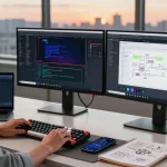 KoboldAI workspace featuring a developer coding with dual monitors in a modern office, illustrating intelligent conversations and tech innovation.