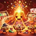 Experience the thrill of winning with slot 5rb's vibrant 3D illustration of a golden volcano erupting with riches.