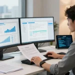Data analyst analyzing tools to detect fraud in pdf documents in a modern office setting.