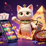 Experience the thrill of gaming at link situs slot with a vibrant illustration showcasing a mummy cat and golden coins.