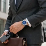 Elegant professional showcasing super clone watches in a vibrant urban setting.