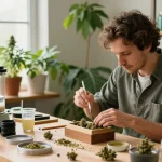 Artisan using a hash sieb to extract cannabis trichomes in a bright workshop setting