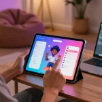 Engaging NSFW AI chat interaction showcasing user customizing digital characters on tablet in a cozy living room.