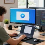 Developer using telegram中文版下载 at modern workspace with multiple screens