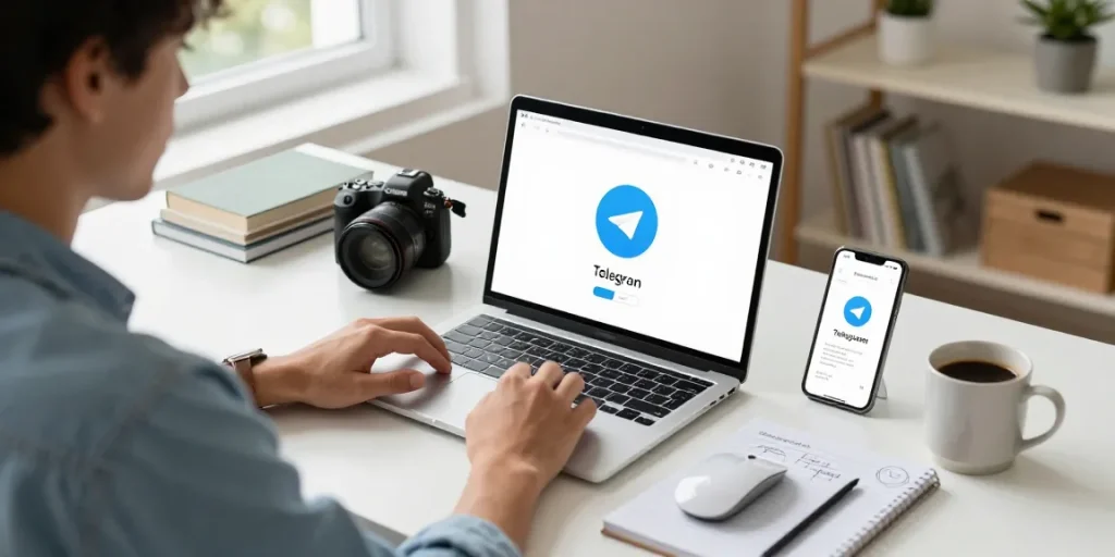 Telegram Download in a modern home office with a user on a laptop, notifications visible on smartphone.