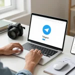 Telegram Download in a modern home office with a user on a laptop, notifications visible on smartphone.