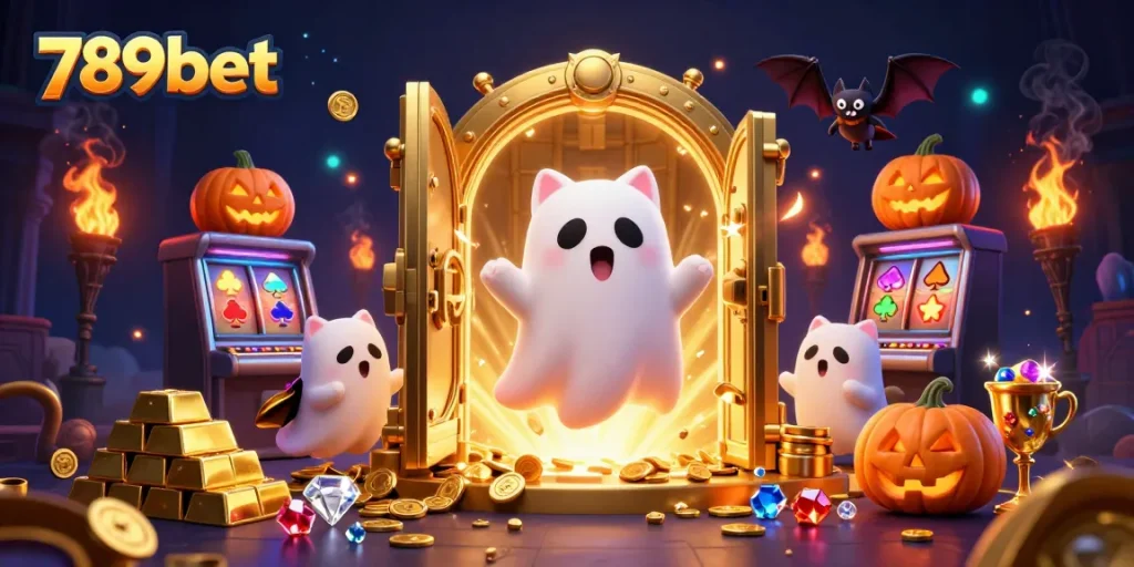 Engage with 789bet's thrilling casino adventure featuring ghostly characters and dazzling treasure scenes.
