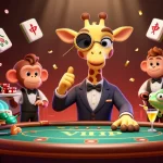 Engage with keonhacai3 in this vibrant casino scene as a giraffe high-roller at a poker table amidst festive elements.