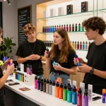 A group of young adults exploring Elux nic salt options in a vibrant vape shop, showcasing a colorful array of vape products.