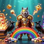 Slot gacor malam ini menampilkan ilustrasi 3D karakter Odin dan burung gagak dengan elemen slot yang berkilau.