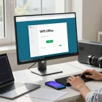 Downloading WPS Office on a modern workstation with natural light in a tech workspace.