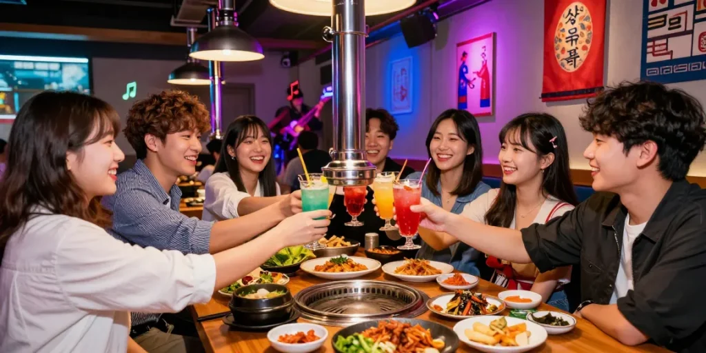 A group of friends celebrating at 상봉동 한국관나이트 with cocktails and Korean BBQ, illuminated by vibrant neon lights.