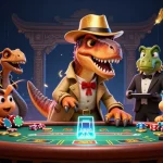 Dhani win brings excitement as a velociraptor card counter conspires at a blackjack table, guarded by a stegosaurus pit boss.
