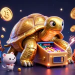 Experience sunwin chính thức with a lively scene of a golden tortoise and excited players, featuring vibrant crypto elements.