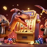 Join the excitement of sun win as a dinosaur heads for jackpot coins from a golden slot machine.