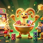 Baccarat888 features a vibrant 3D casino scene with a flamboyant golden ramen bowl character engaging players with cards and chips.