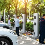 Portable EV charger factory showcased with electric vehicles using advanced charging systems, demonstrating innovation in sustainable transport.