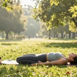 Ministry of Cannabis CBD oil beside a woman practicing outdoor yoga, emphasizing natural wellness and organic lifestyle.