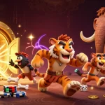 Play iwin in a vibrant prehistoric casino with cavemen and treasures, featuring exciting gaming elements.