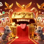 Engage with BRO138 resmi through a vibrant casino scene filled with treasures and gaming elements.