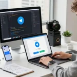 Downloading telegram中文版下载 on multiple devices in a modern tech workspace.